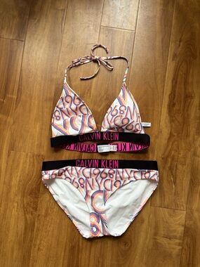 Calvin Klein White Bikini Top with Neon Pink and Orange Logo Print